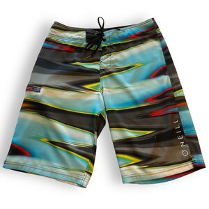 ONeill Swim Trunks Mens 30 Blue Board Shorts Shark Bite Beach Pool Colorful